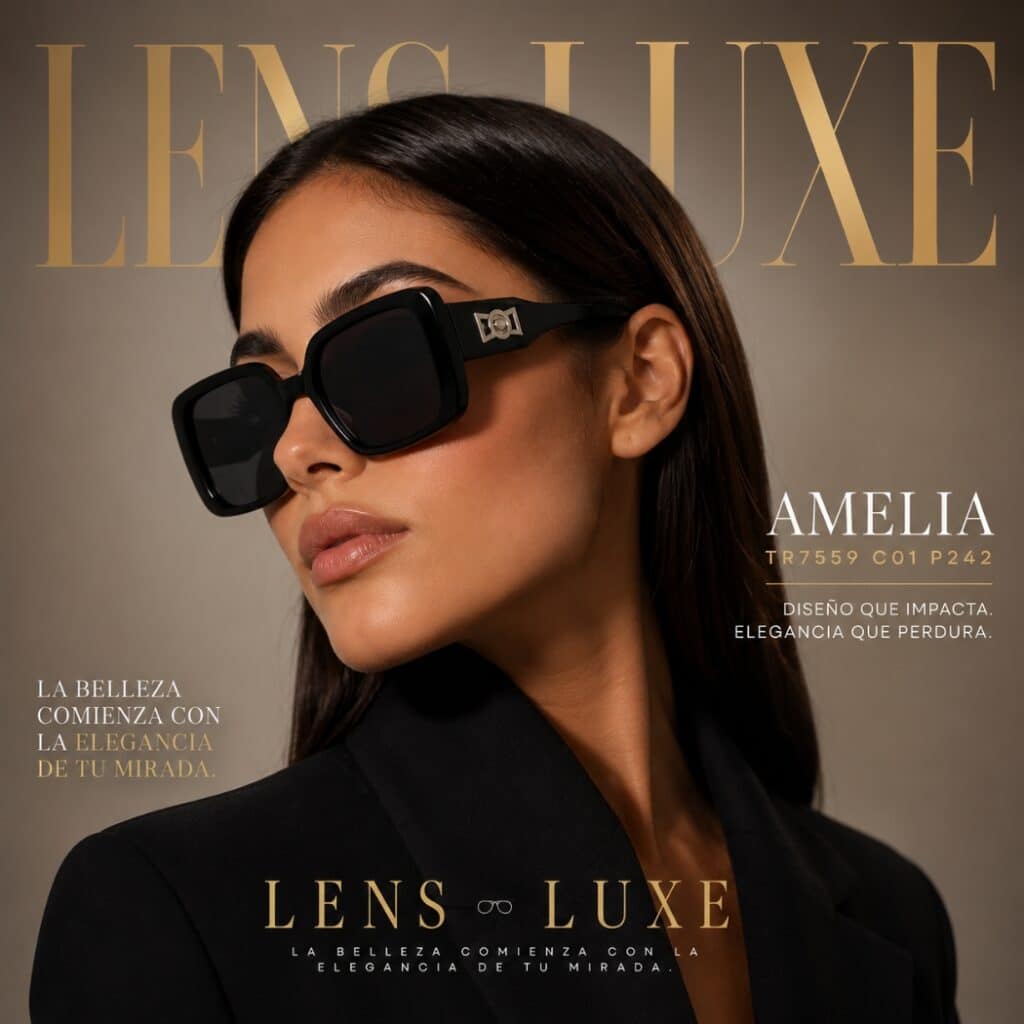 Modelo usando las Gafas de Sol Lens Luxe Amelia TR7559 C01 P242 con diseño cuadrado elegante y lentes gris oscuro.