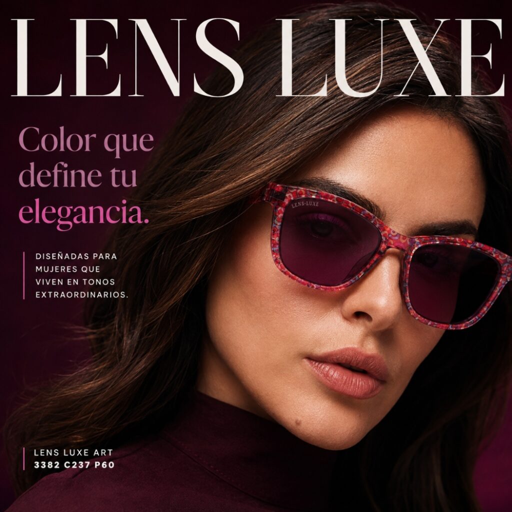 Modelo usando las Gafas de Sol Polarizadas Lens Luxe Art 3382 C237 P60 con montura artística multicolor y lentes color vino.