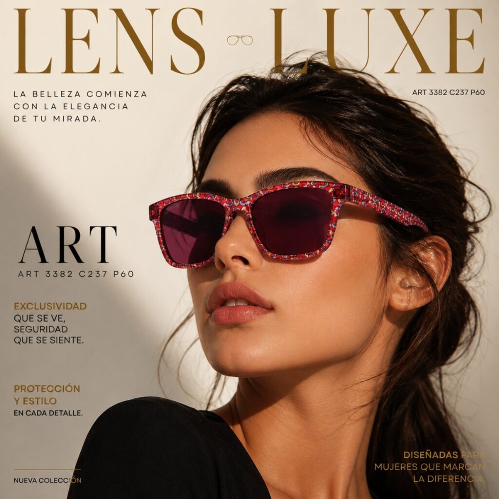 Modelo usando las Gafas de Sol Polarizadas Lens Luxe Art 3382 C237 P60 con montura artística multicolor y lentes color vino.
