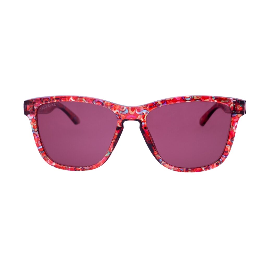 Gafas de Sol Polarizadas Lens Luxe Art 3382 C237 P60 con montura multicolor rojo artístico y lentes TAC polarizados color vino, vista frontal.