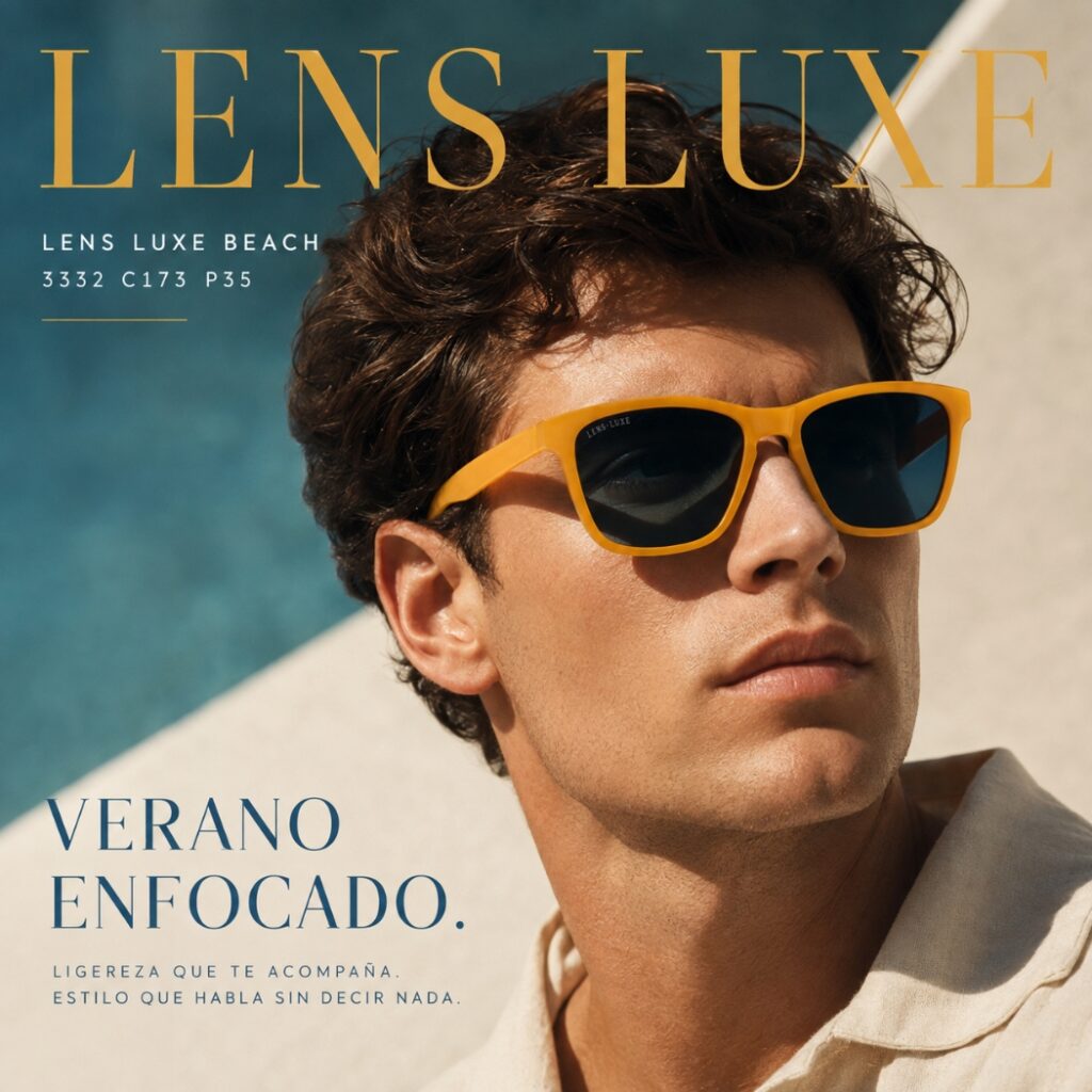Modelo usando las Gafas de Sol Polarizadas Lens Luxe Beach 3332 C173 P35 con montura amarillo mostaza y lentes color azul petróleo.