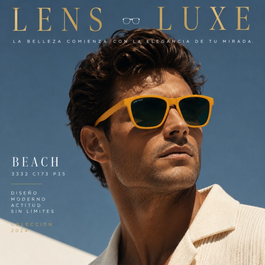 Modelo usando las Gafas de Sol Polarizadas Lens Luxe Beach 3332 C173 P35 con montura amarillo mostaza y lentes color azul petróleo.
