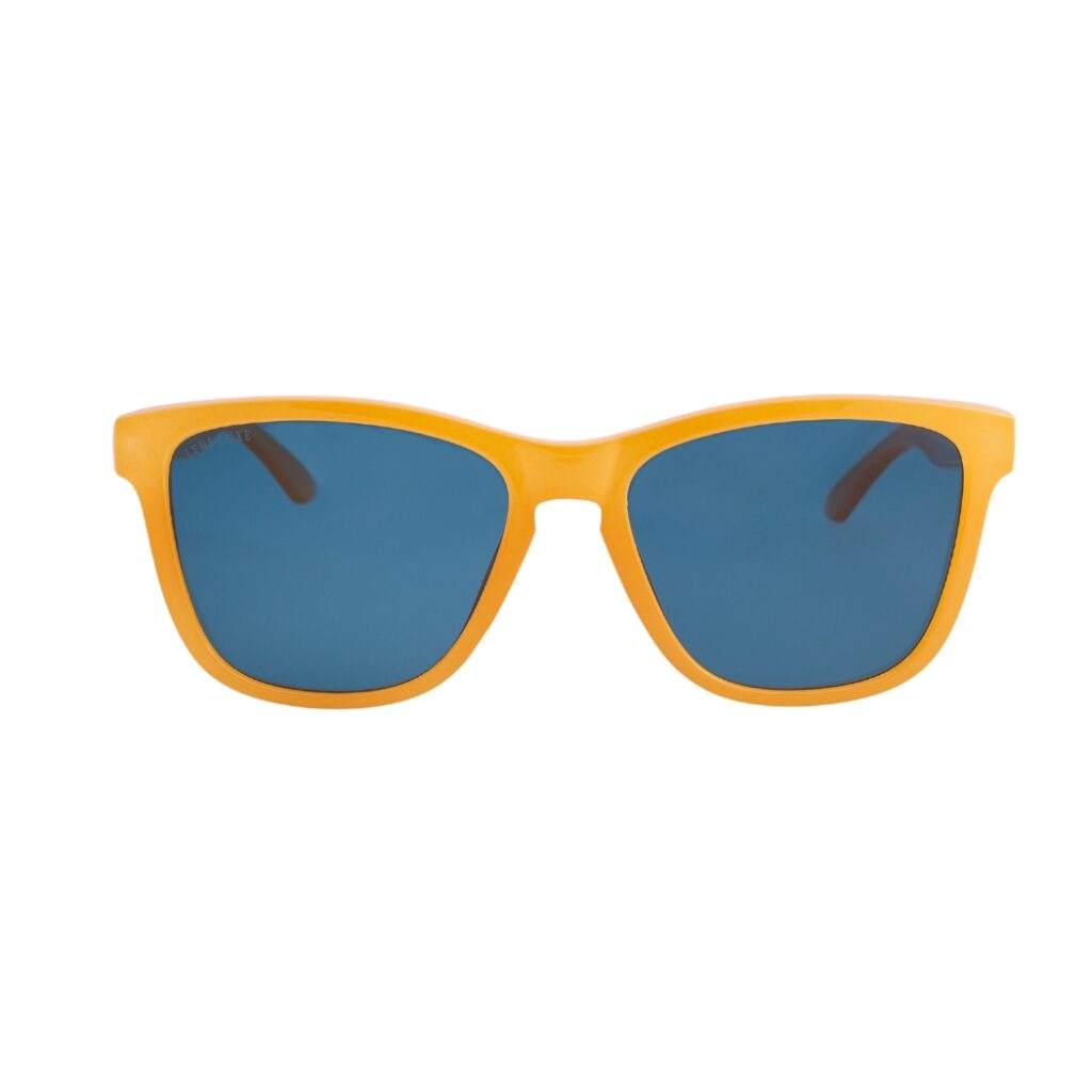 Gafas de Sol Polarizadas Lens Luxe Beach 3332 C173 P35 con montura amarillo mostaza brillante y lentes TAC polarizados color azul petróleo, vista frontal.
