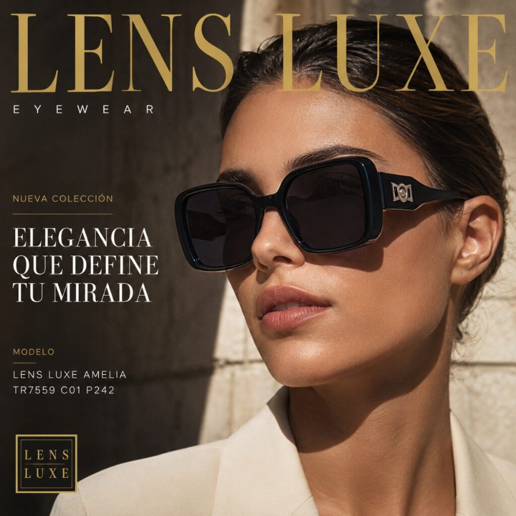 Modelo usando las Gafas de Sol Lens Luxe Amelia TR7559 C01 P242 con diseño cuadrado elegante y lentes gris oscuro.