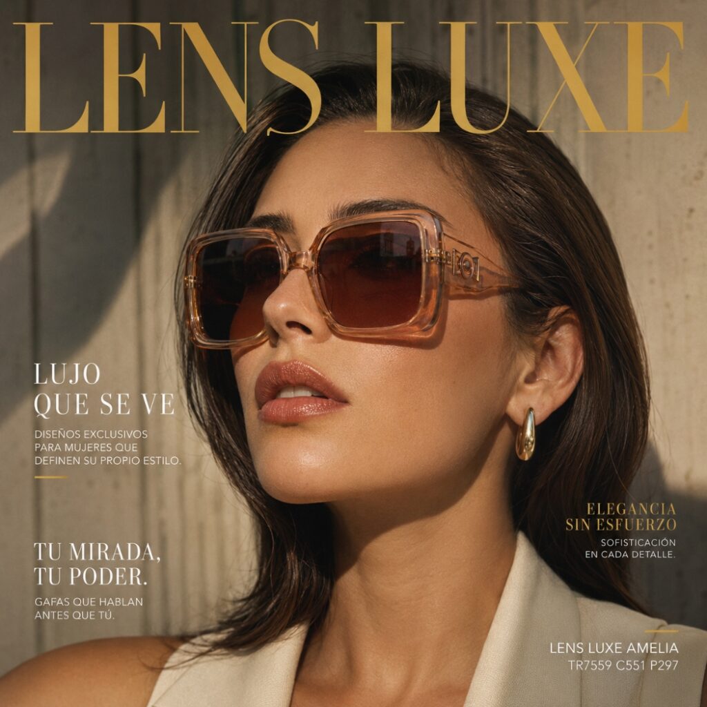 Modelo usando las Gafas de Sol Lens Luxe Amelia TR7559 C551 P297 con diseño cuadrado y lentes marrón degradado.