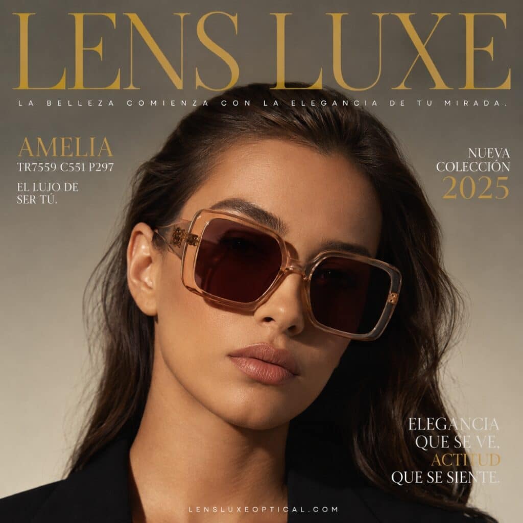 Modelo usando las Gafas de Sol Lens Luxe Amelia TR7559 C551 P297 con diseño cuadrado y lentes marrón degradado.