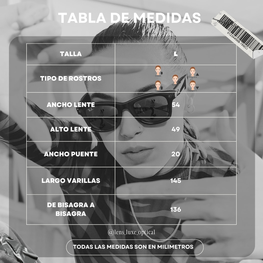 Tabla de medidas de las Gafas de Sol Lens Luxe Amelia TR7559 C551 P297 con dimensiones del lente, puente, varillas y ancho total.