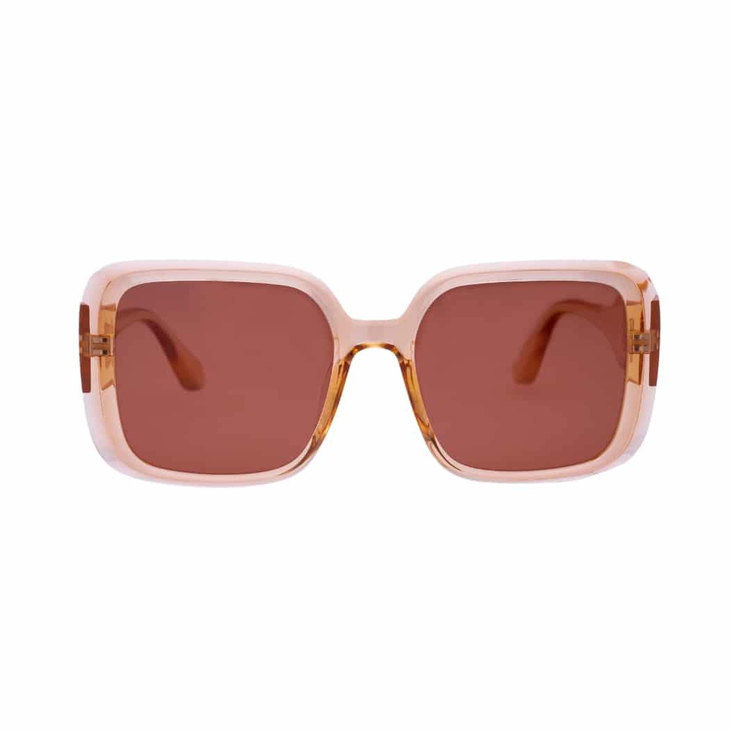 Gafas de Sol Lens Luxe Amelia TR7559 C551 P297 con montura rosa transparente y lentes marrón degradado, vista frontal.