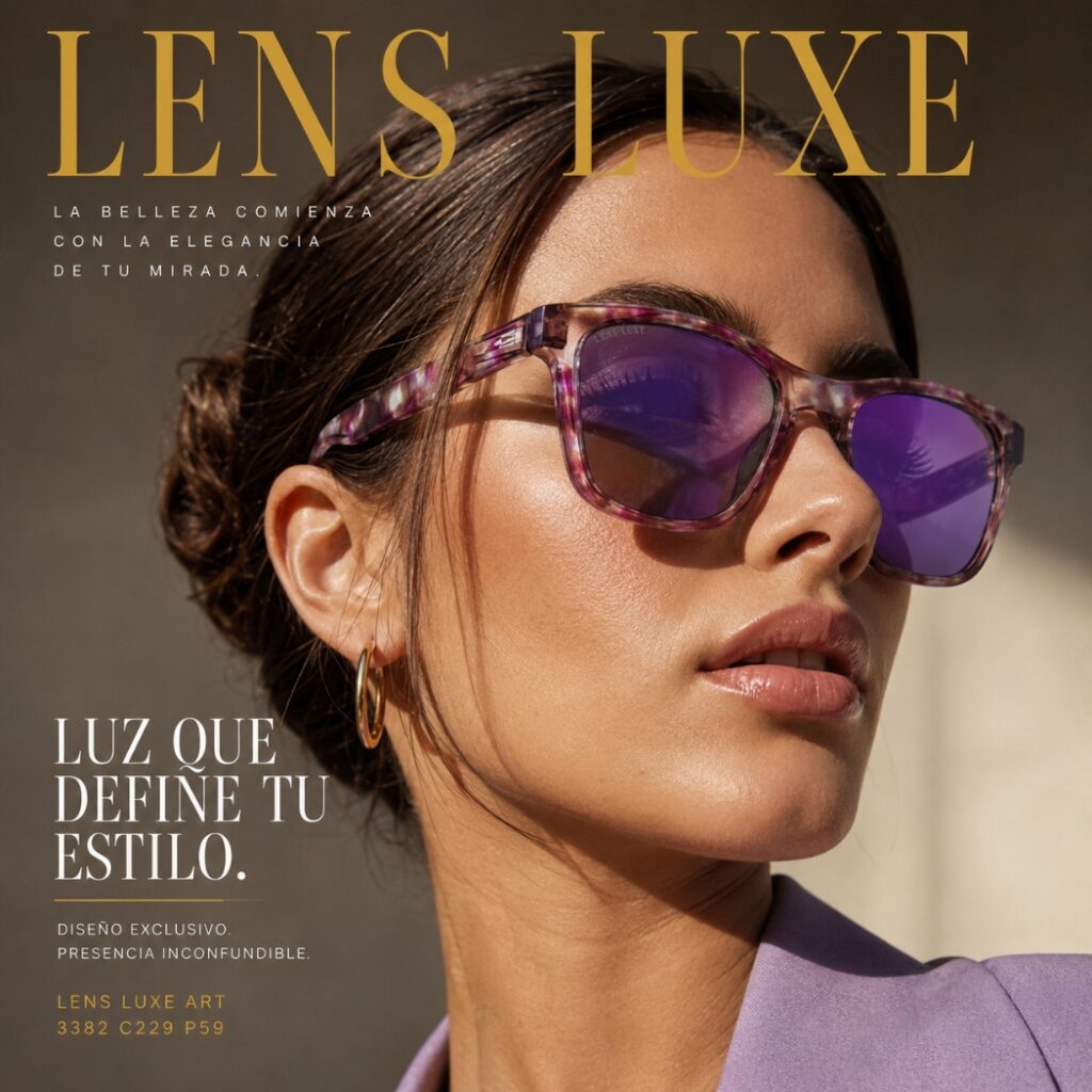 Modelo usando las Gafas de Sol Polarizadas Lens Luxe Art 3382 C229 P59 con montura morado marmoleado y lentes espejo violeta.