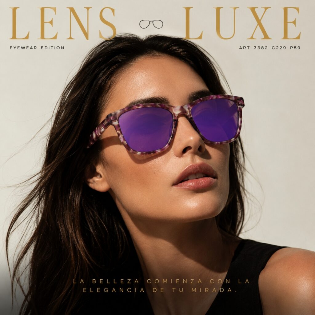 Modelo usando las Gafas de Sol Polarizadas Lens Luxe Art 3382 C229 P59 con montura morado marmoleado y lentes espejo violeta.