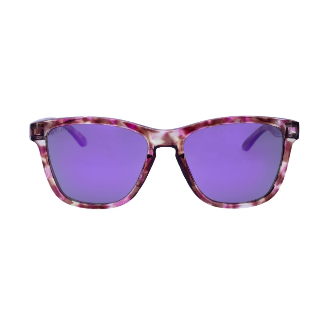 Gafas de Sol Polarizadas Lens Luxe Art 3382 C229 P59 con montura morado marmoleado translúcido y lentes espejo color violeta, vista frontal.